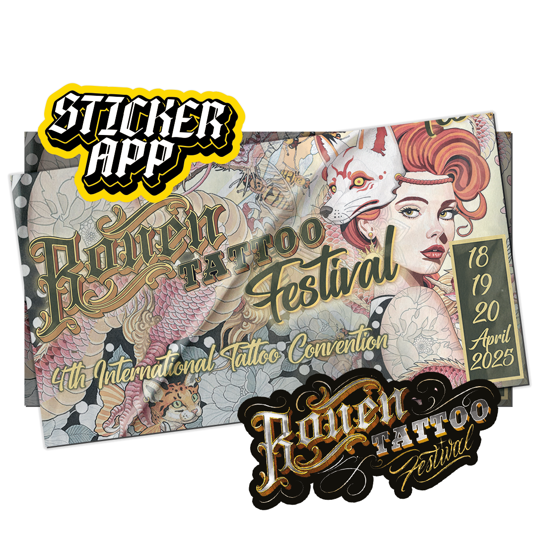 Poster van het Rouen Tattoo Festival 2025 met een StickerApp-sticker en een sticker met het gouden festivallogo
