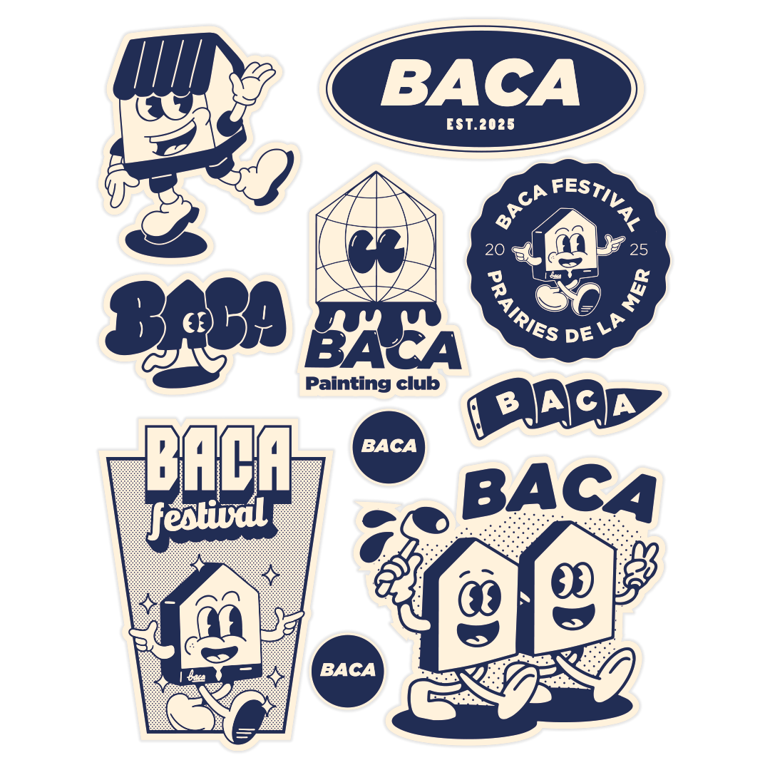 Stickervel van BACA Festival met marineblauwe logo's en lachende huismascottes