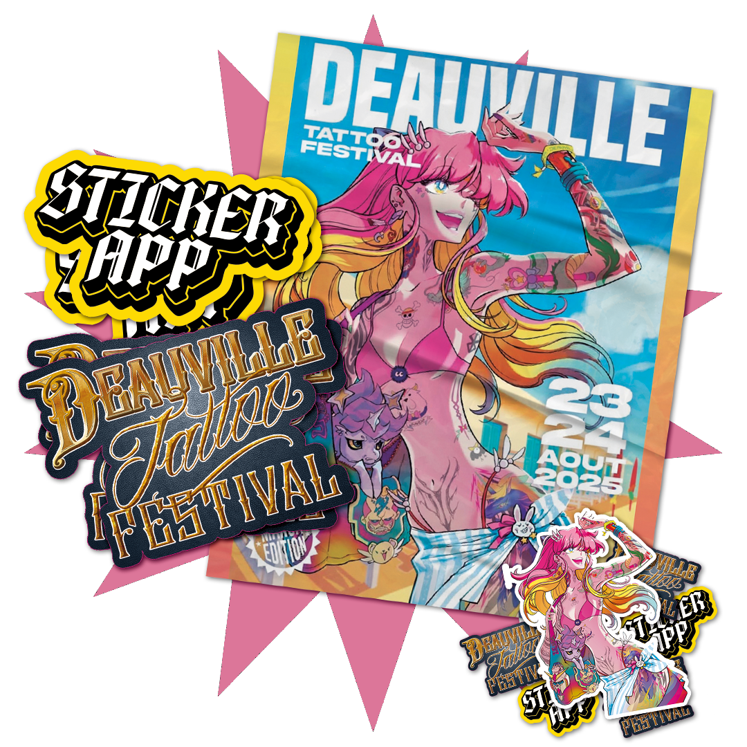 Poster van Deauville Tattoo Festival met een getatoeëerde vrouw in animestijl en StickerApp-collabstickers