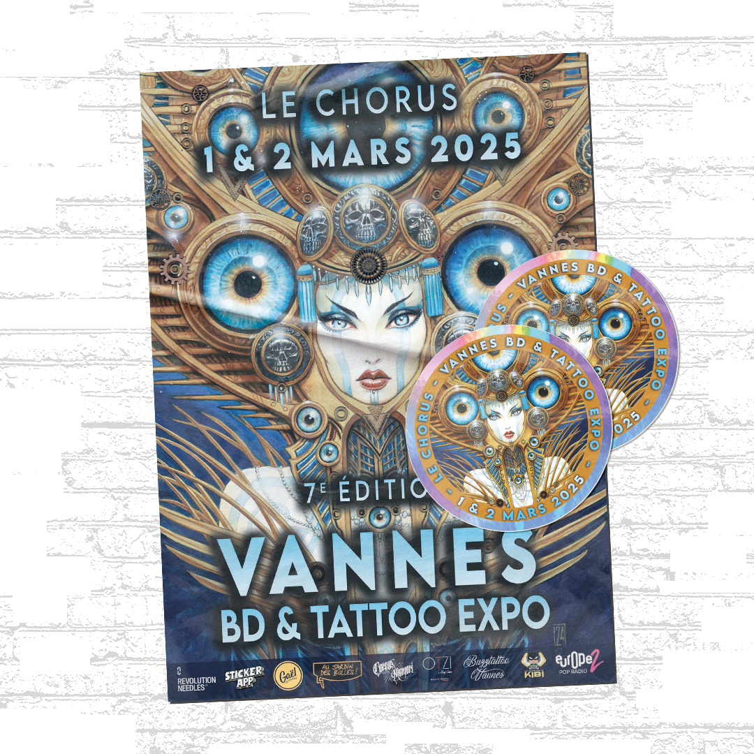 Poster van de Vannes BD & Tattoo Expo 2025 met bijpassende ronde holografische stickers