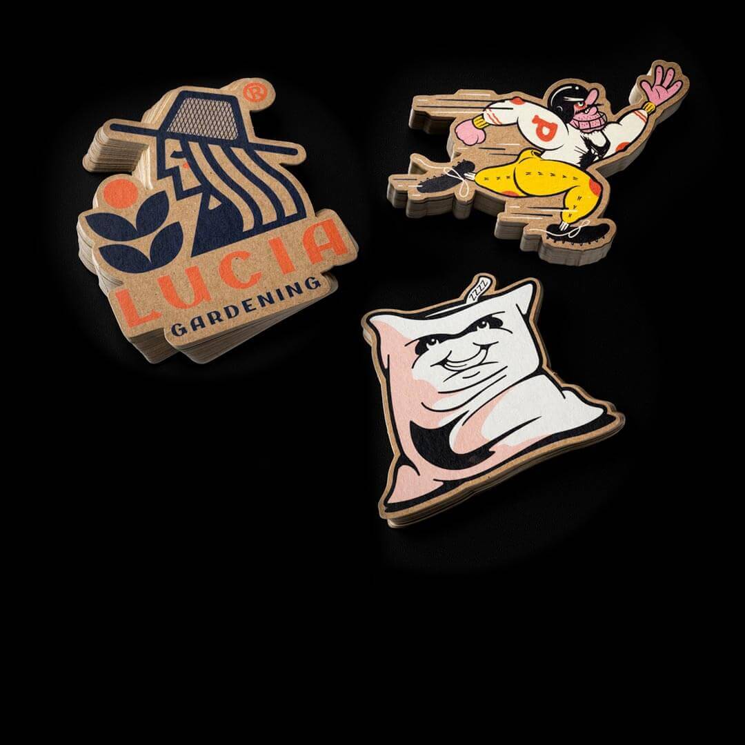 Three kraft paper stickers depicting a football payer, a bag, and a woman