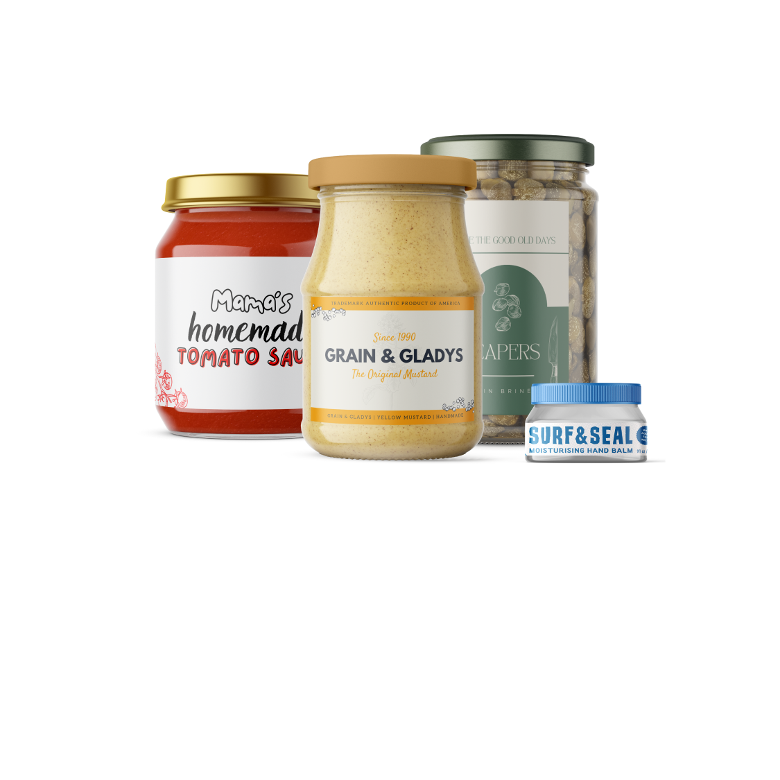 Jars of tomato sauce, mustard, hand balm and capers. All with different labels.