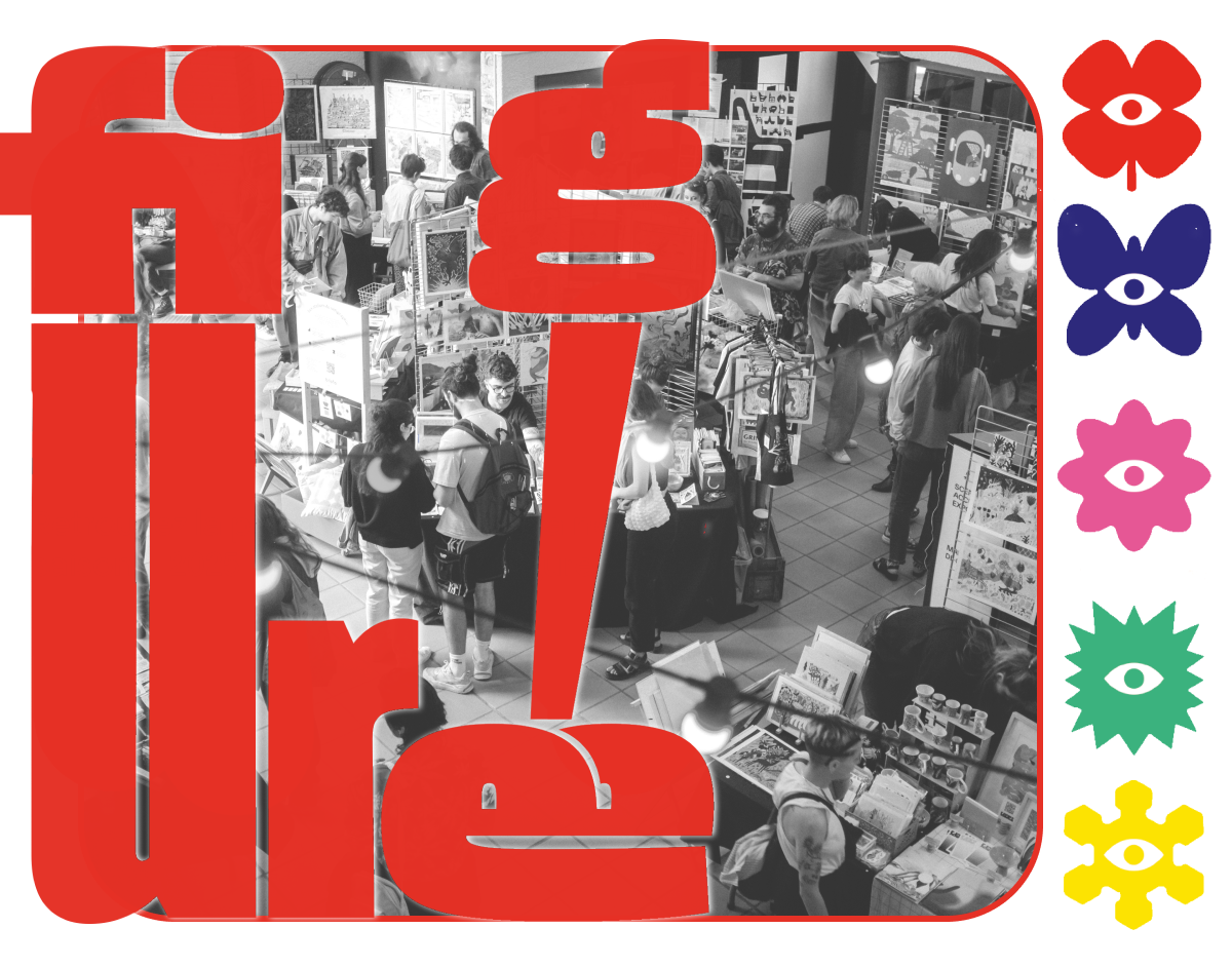 Bezoekers van de kunstbeurs Festival Figure.e in Toulouse omlijst door rode letters, met kleurrijke bloemstickers met ogen