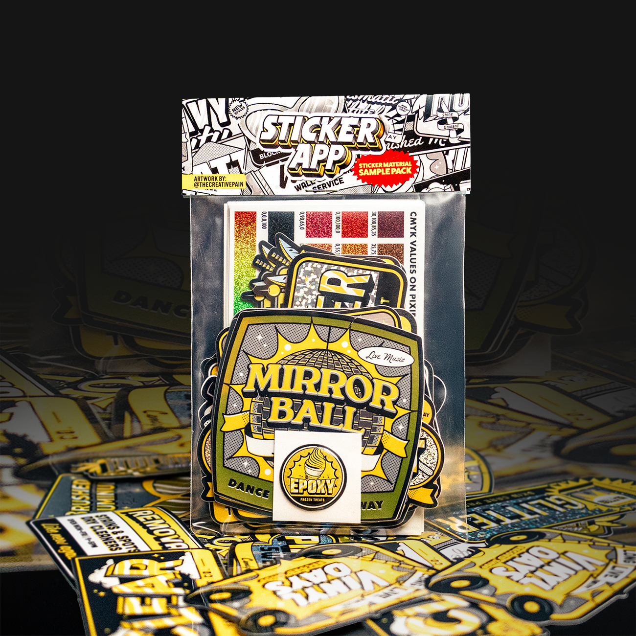 material sample pack from stickerapp, with die-cut stickers printed on all material, with stickers laying in the foreground