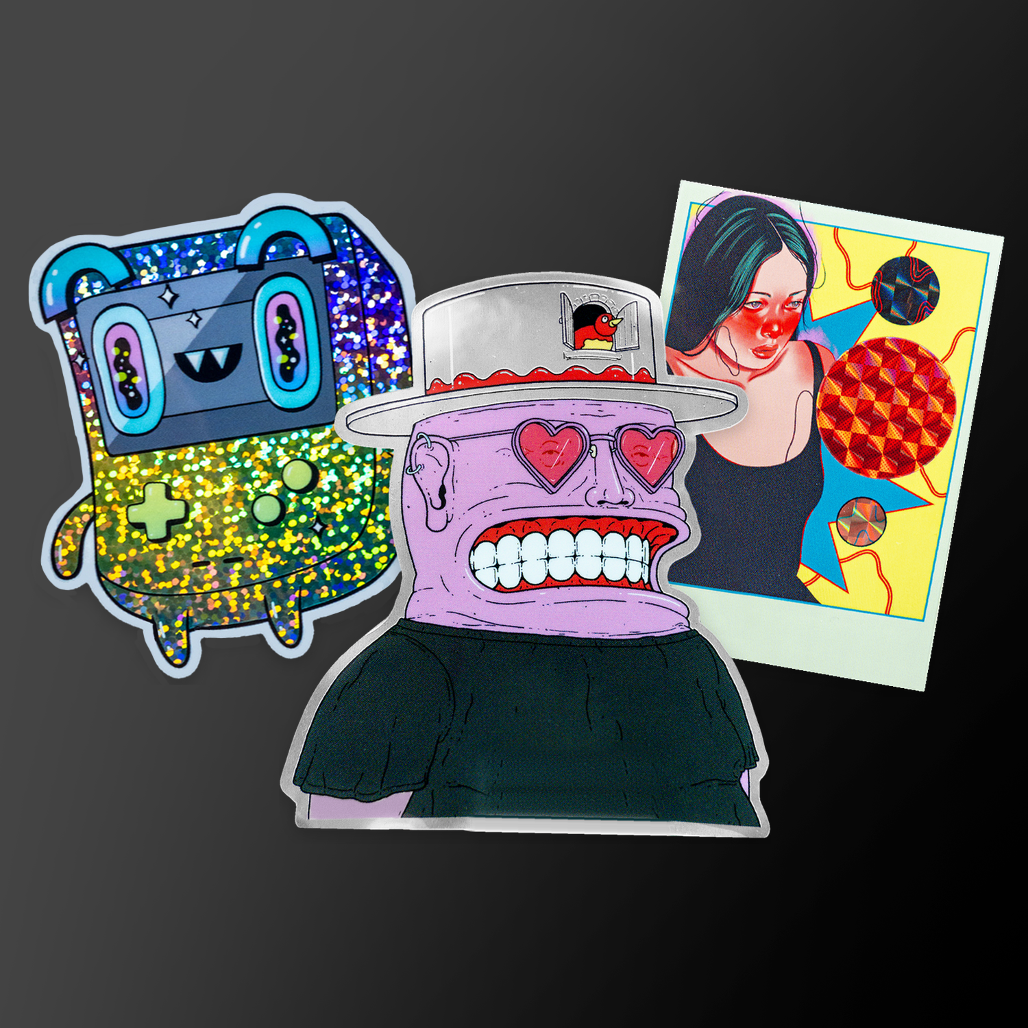 Gepersonaliseerde stickers in glitter, spiegel en prismatisch: een spelcomputerfiguur, een grijnzende man met hartvormige zonnebril en een portret van een vrouw met blauwgroen haar