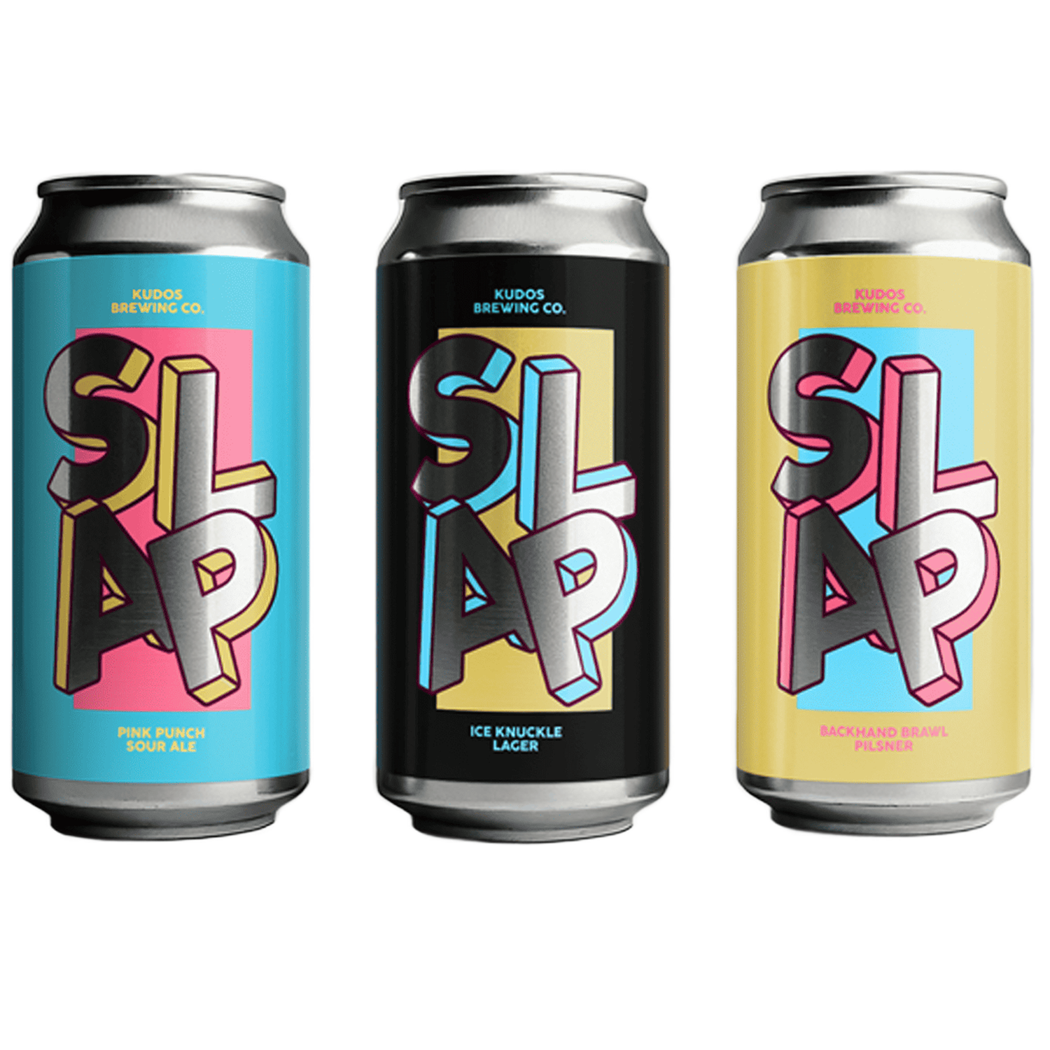Drie bierblikjes met eigen etiketten voor de SLAP-bieren van Kudos Brewing Co., met grote letters in een metallic zilveren afwerking