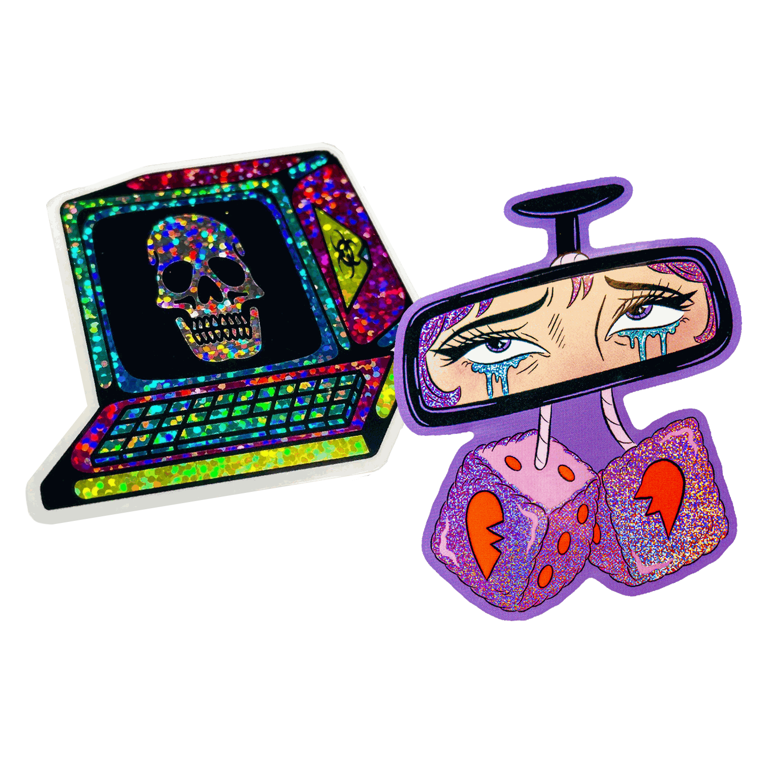 Contourgesneden glittersticker van een retrocomputer met een doodshoofd op het scherm, naast een contourgesneden Pixie Dust-sticker van een achteruitkijkspiegel met betraande ogen en pluche dobbelstenen