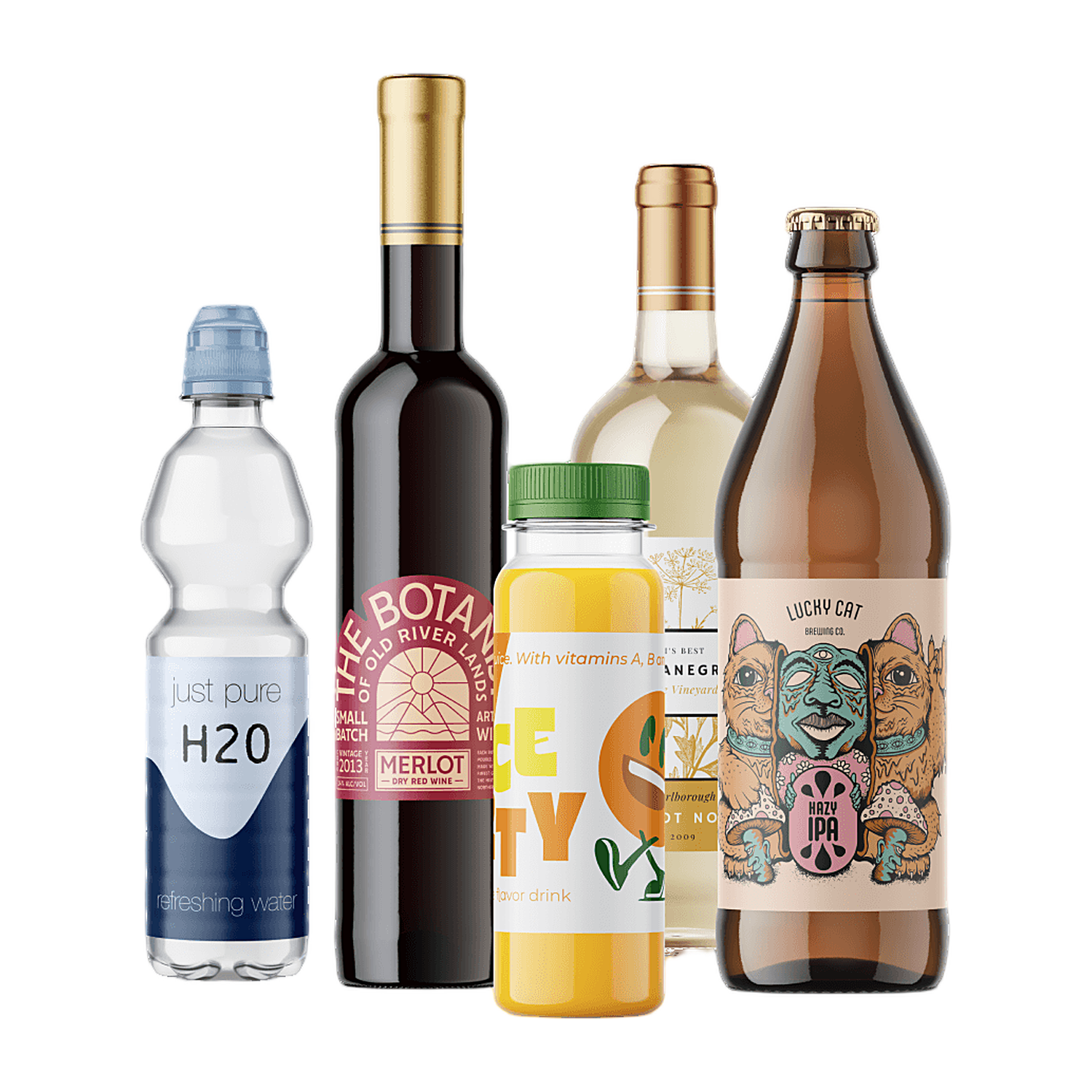 Eigen productetiketten op flessen water, wijn, sap en speciaalbier