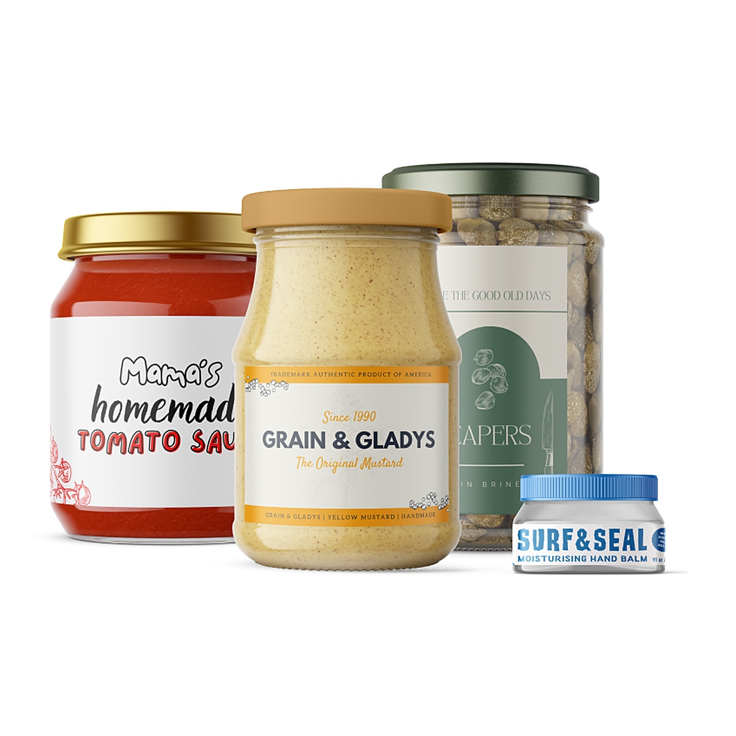Eigen etiketten op potten: "Mama's homemade tomato sauce", "Grain & Gladys" mosterd, kappertjes en een potje "Surf & Seal" handbalsem