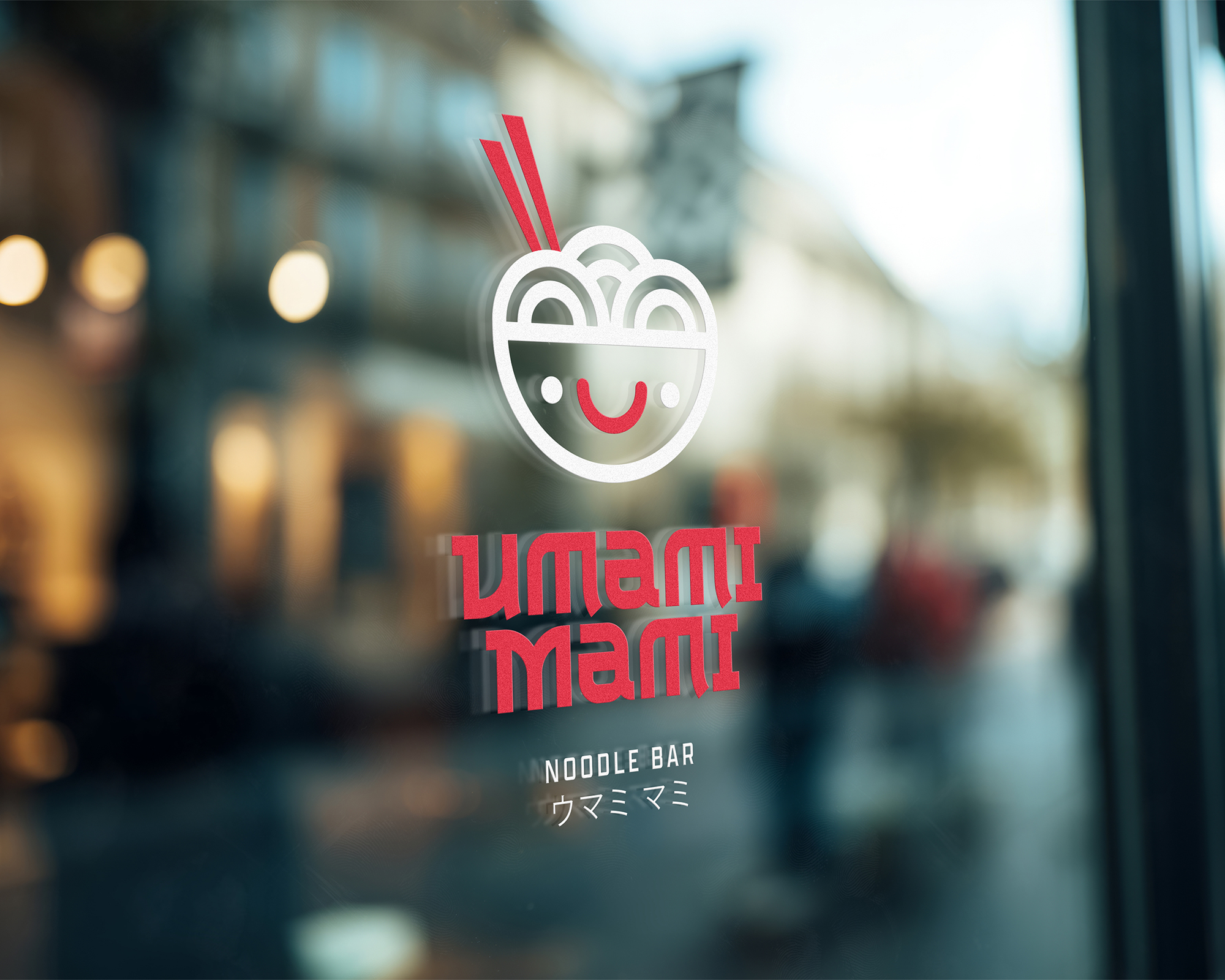 Vinyl transfer of "Umami Mami" noodle bar on a glass window, featuring a smiling noodle bowl with chopsticks, and text in English and Japanese.