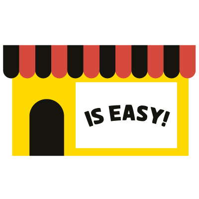 Gele winkelpui met een rood-zwarte luifel en een "Is easy!"-bord, icoon voor Decals