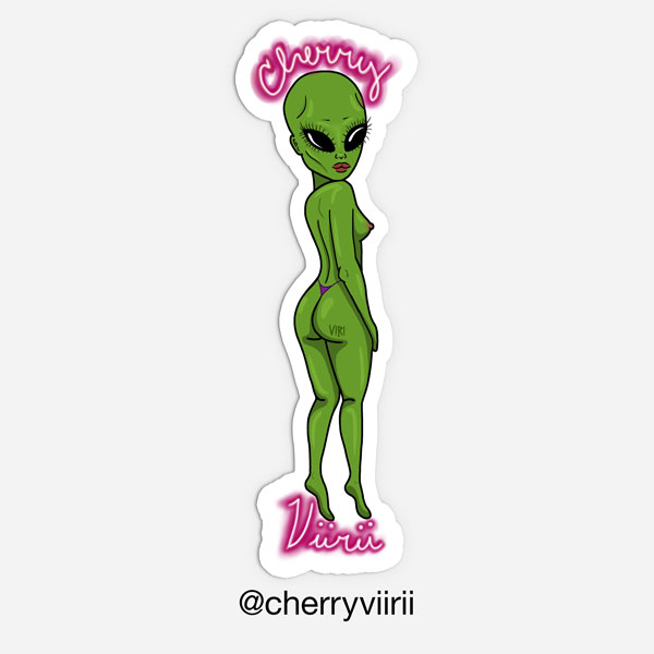 A NSFW sticker of an alien in a thong and a ass tattoo