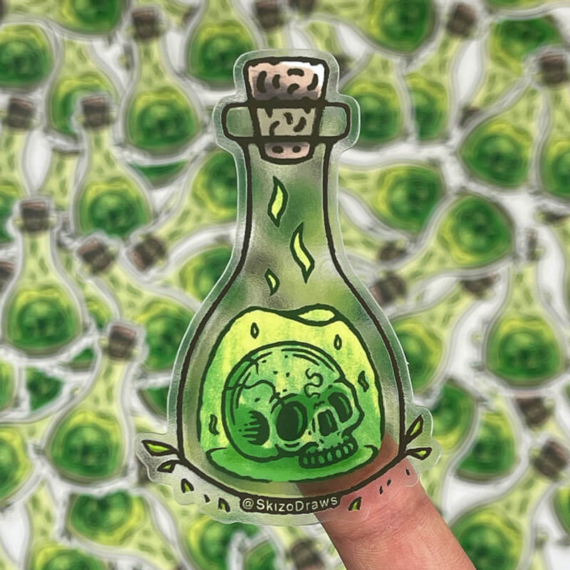 Transparante contourgesneden sticker van een schedel die in een fles met groen elixer zweeft, tegen een achtergrond van stickers.